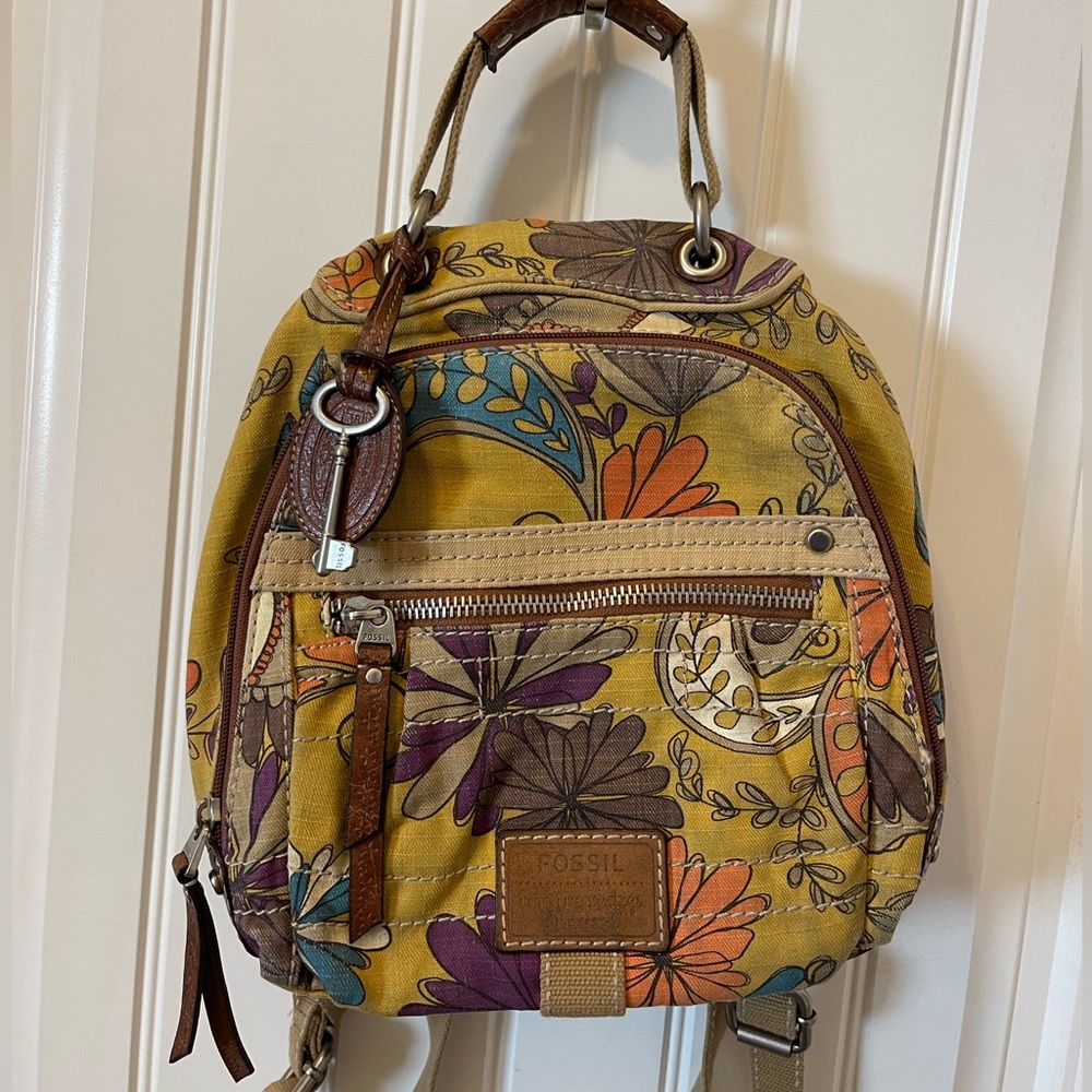 Fossil Floral Canvas/Leather Backpack purse